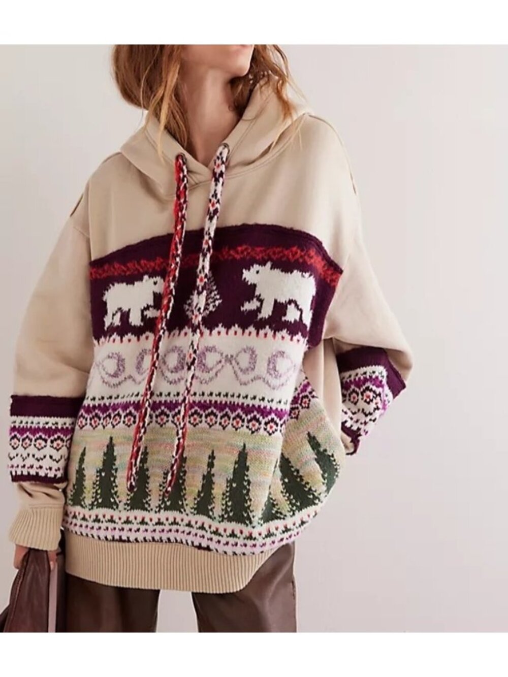 Free People Lutz Fair Isle Oversized Hoodie Cozy Winter Rustic Festive Womens S